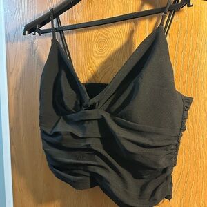 Zara Black Twist-Front Ruched Crop Top with Spaghetti Straps + Keyhole Size L